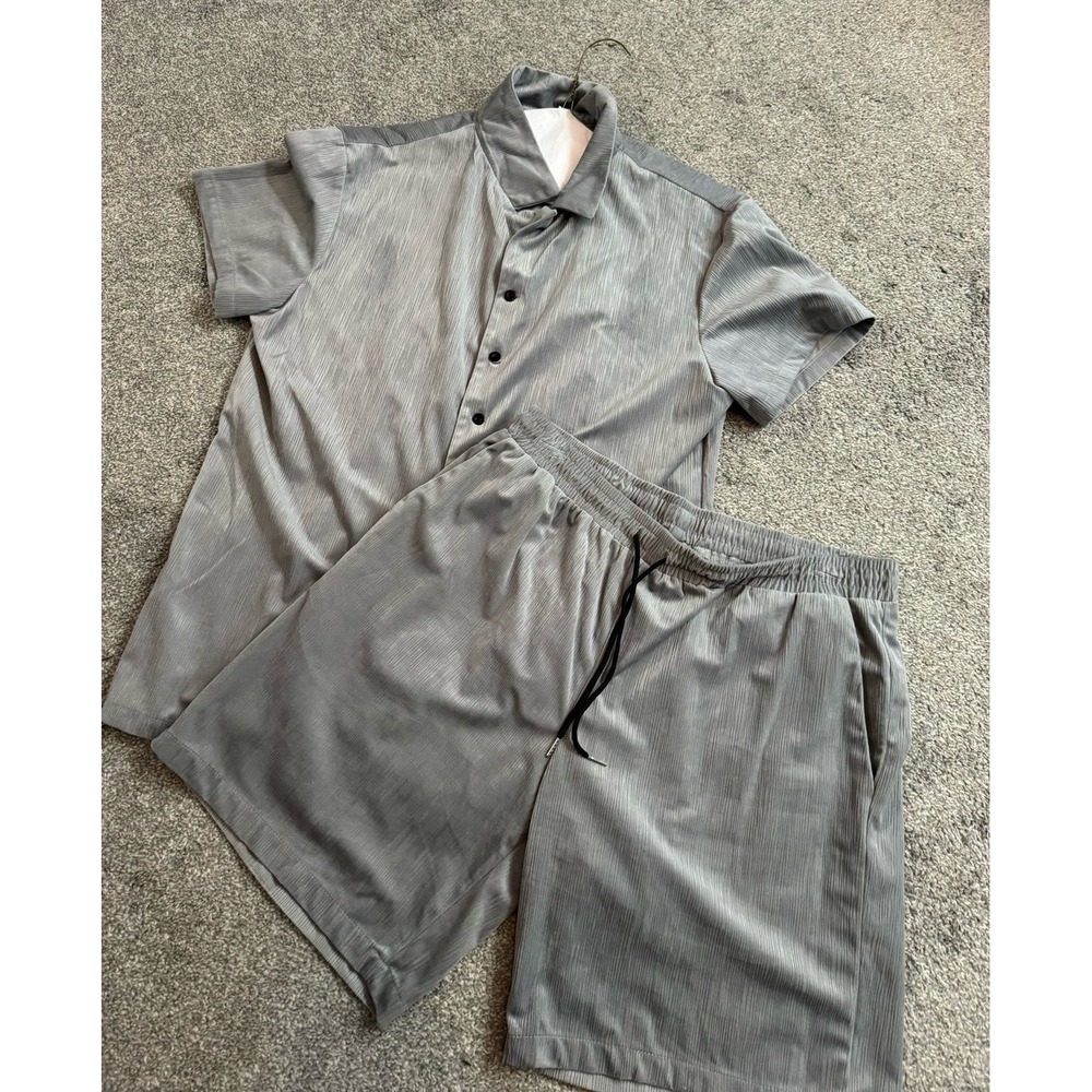 Mens Gray Short Sleeve Button Up Shirt and Shorts Set Textured 2 Piece XXL